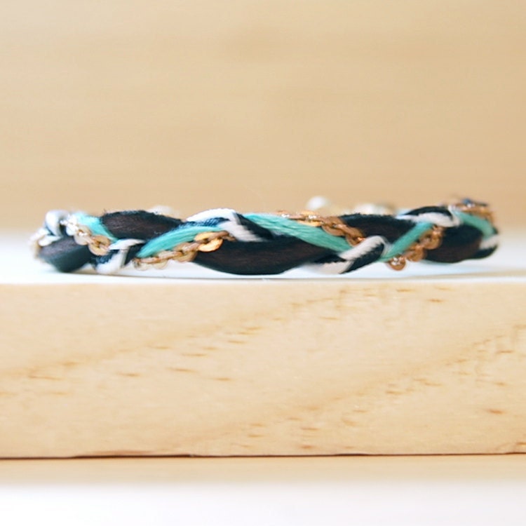 Leather & Brass Braided Bracelet in Black and Teal, "The Bohemian"