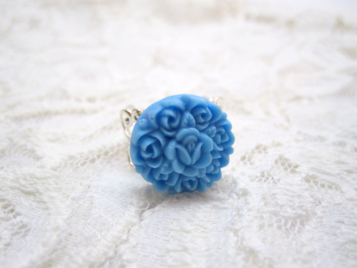 Baby blue victorian roses ring - light blue flowers on bright silver filigree adjustable ring