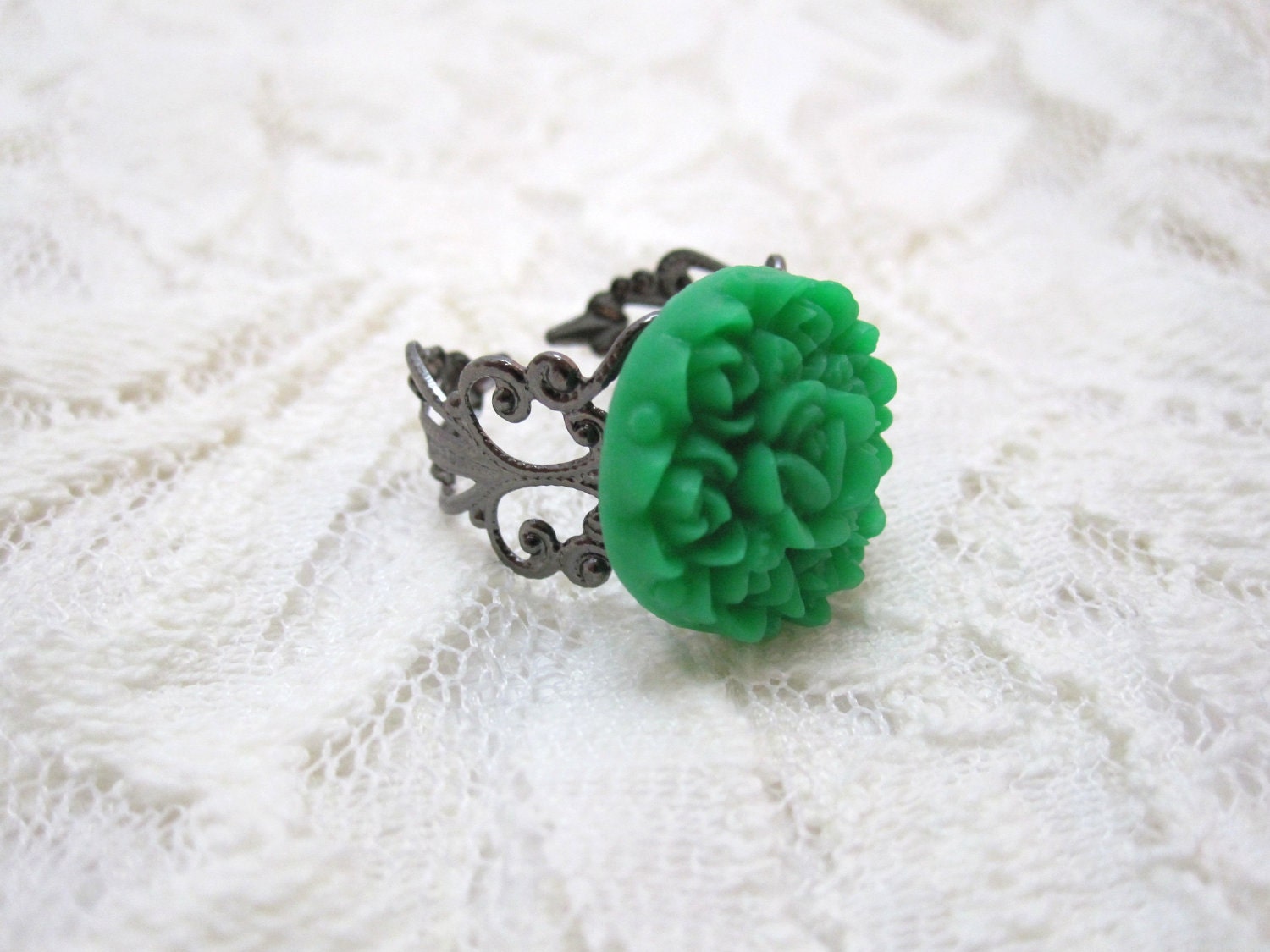 Green victorian roses ring - green flowers on gun metal filigree adjustable ring
