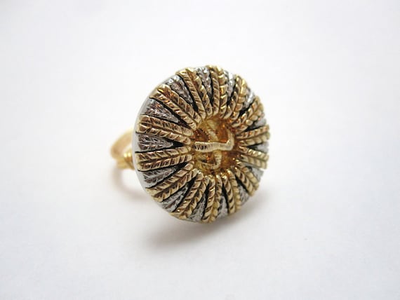 Wire wrapped button ring in silver and gold, made to order