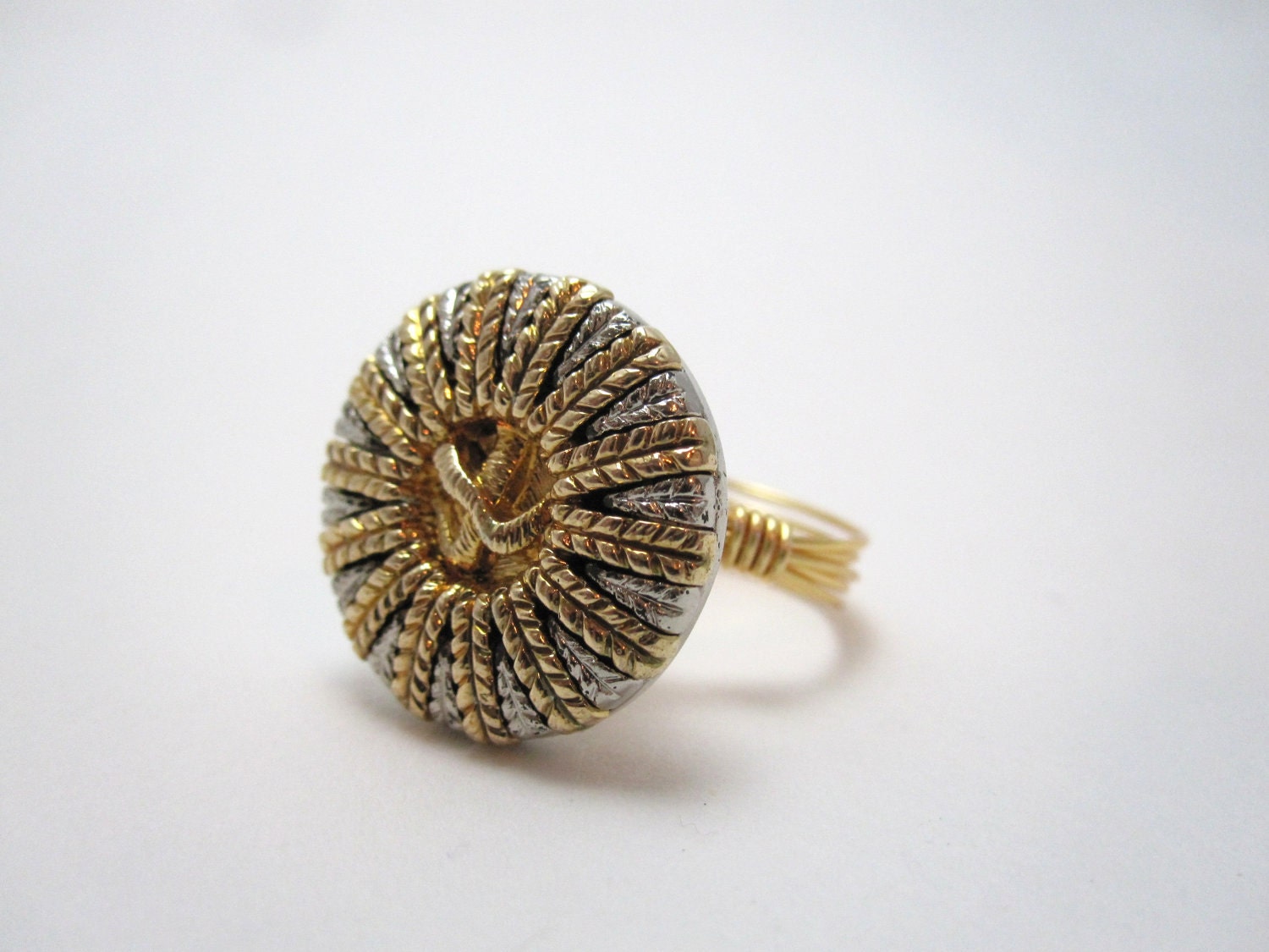 Wire wrapped button ring in silver and gold, made to order
