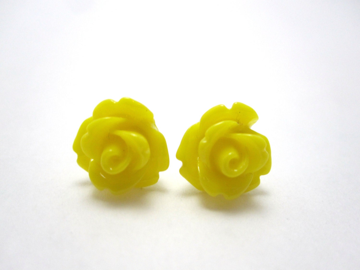 Yellow rosette earrings - bright yellow roses on silver studs