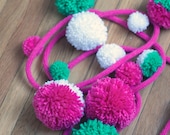 Fuschia pink, white and green wool yarn pom pom garland 6ft / ready to ship