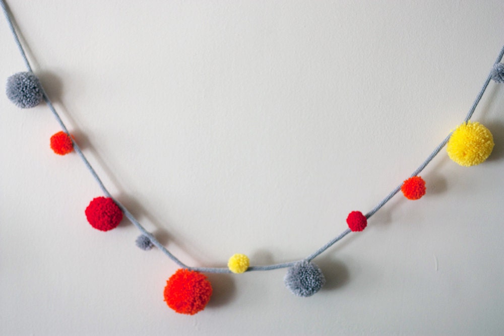 Neon orange, yellow, red and grey wool yarn pom pom garland 6ft / ready to ship