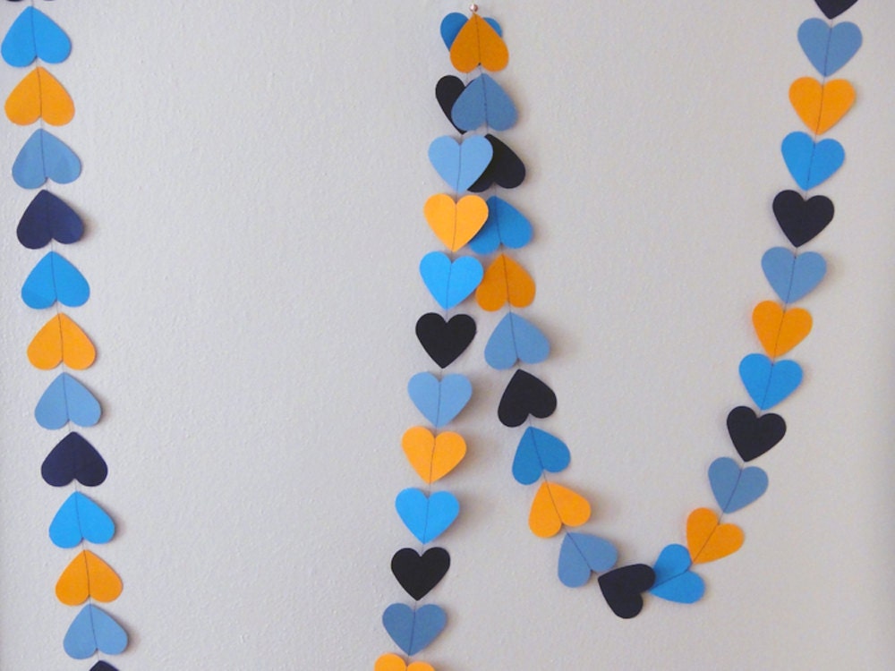 Multicolor heart paper garland 14ft  in blue and orange / ready to ship