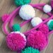 Fuschia pink, white and green wool yarn pom pom garland 6ft / ready to ship