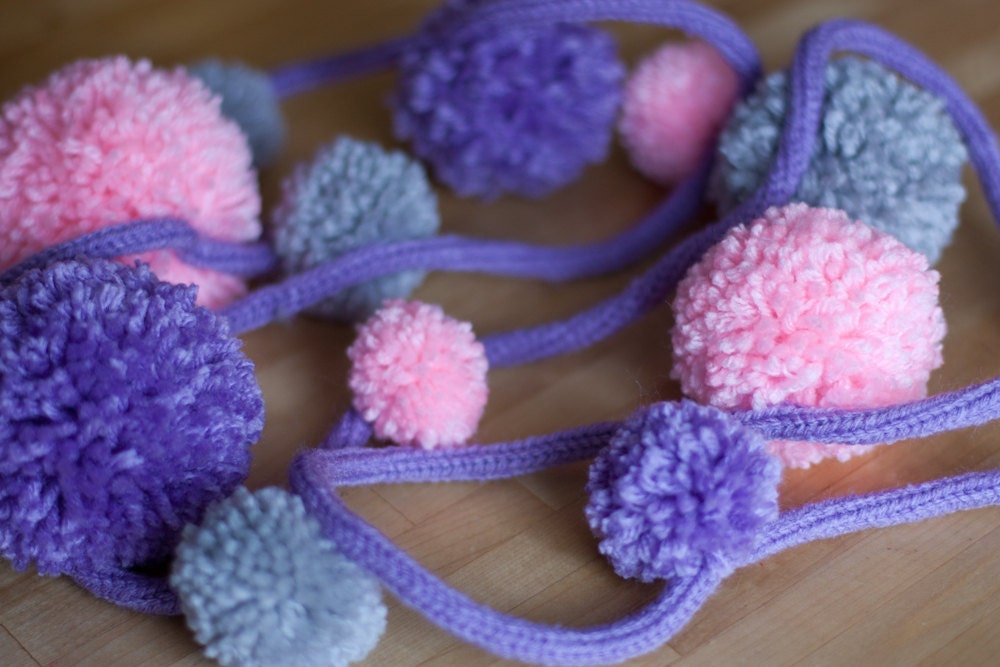 Malloy, soft pink and grey wool yarn pom pom garland 6ft / ready to ship
