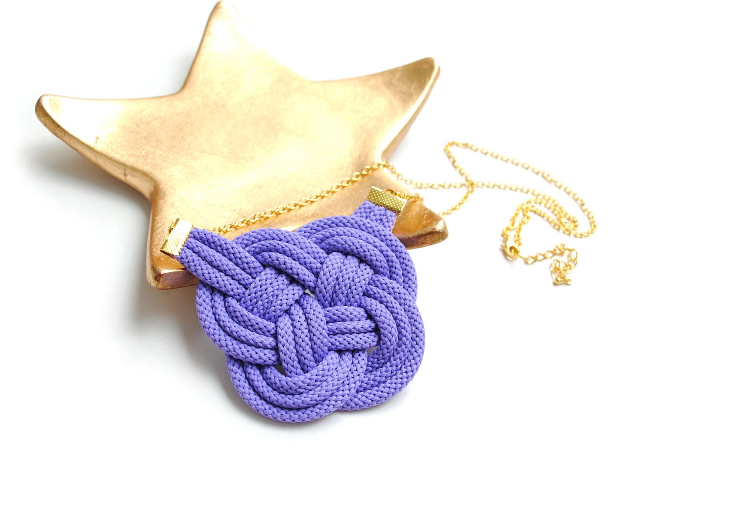 SALE 20% OFF - Big Knot Necklace, Pastel Violet Purple Cord, Knotted Rope Jewelry, Nautical Style, Gold Chain, Gift for Her