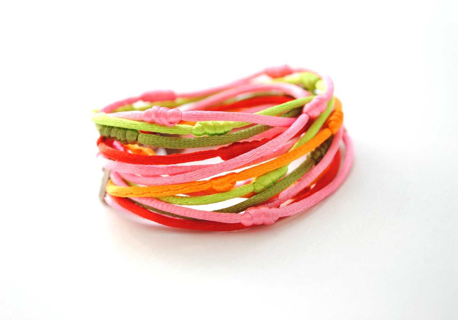 Multistrand satin knotted cords double bracelet in pink green red and orange, colorful, pastel, spring
