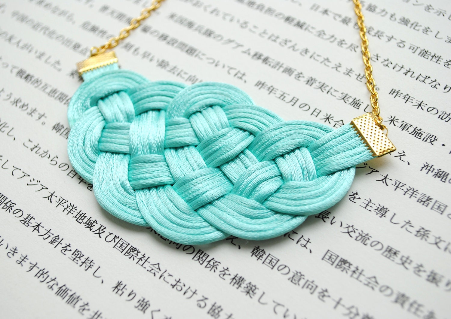 Knotted rattail necklace in mint and gold - nautical - pastel turquoise - summer trends