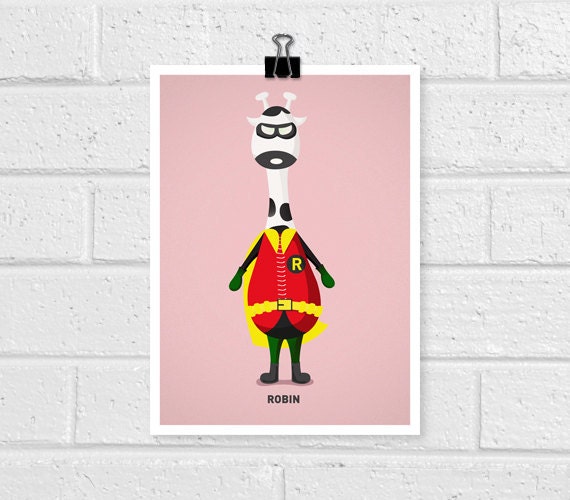 Cute Superhero decor - Robin Illustration -  5 x 7 Print