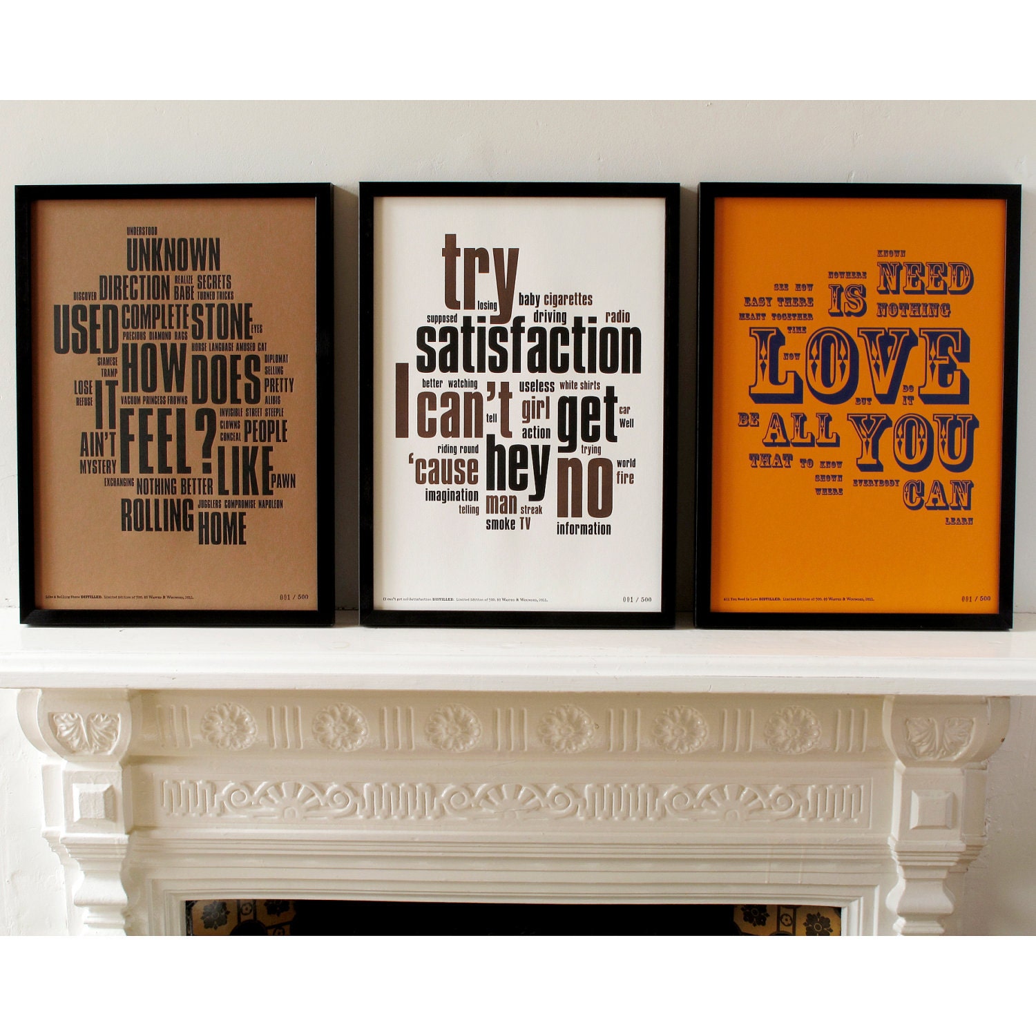 The 1960's Collection of Limited Letterpress Music Prints, inspired by the music of The Beatles, The Rolling Stones & Bob Dylan.