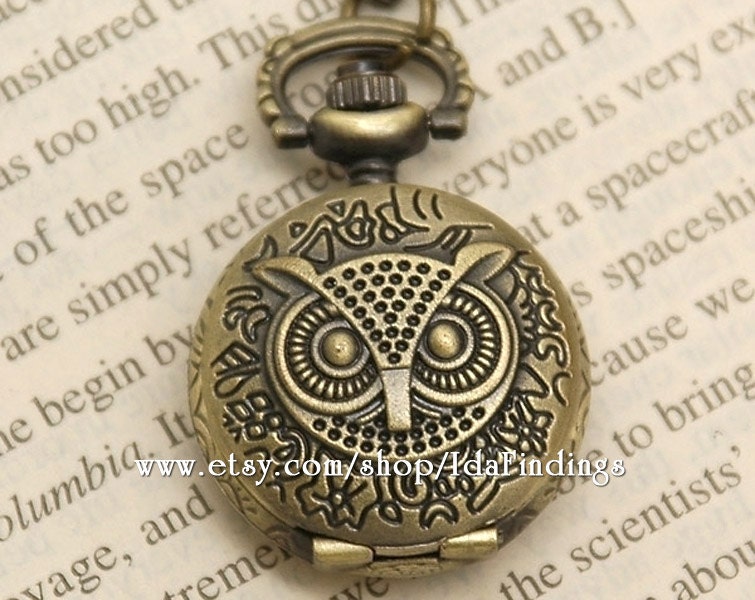 Vintage Owl Pocket Watch Necklace Pendant, Antique Bronze Locket Necklace Charms Pendant, Small Size, P122
