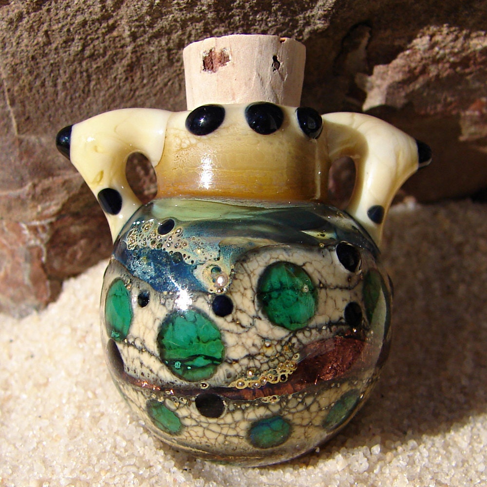 Glass Aromatherapy Bottle Necklace, Hand Blown Hollow Lampwork Vessel on Black Satin