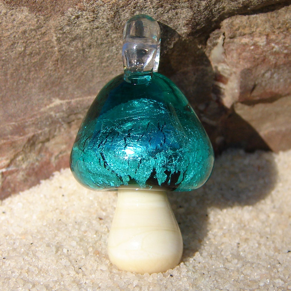 Sparkling Teal Mushroom Pendant -  Handmade glass shroom necklace