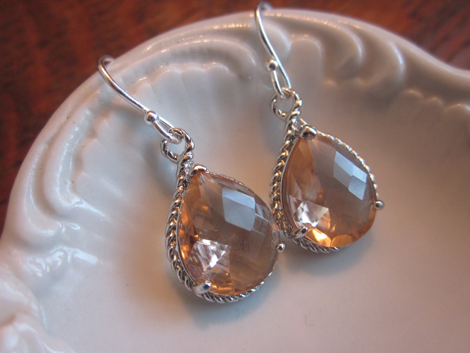 Champagne Earrings Peach Silver Earrings Teardrop Glass - Bridesmaid Earrings Wedding Earrings Bridal Earrings