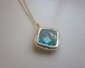Aquamarine Necklace Gold Plated Aqua Large Diamond Pendant - Gold Filled Chain - Wedding Jewelry - Bridesmaid Jewelry - Bridesmaid Necklace