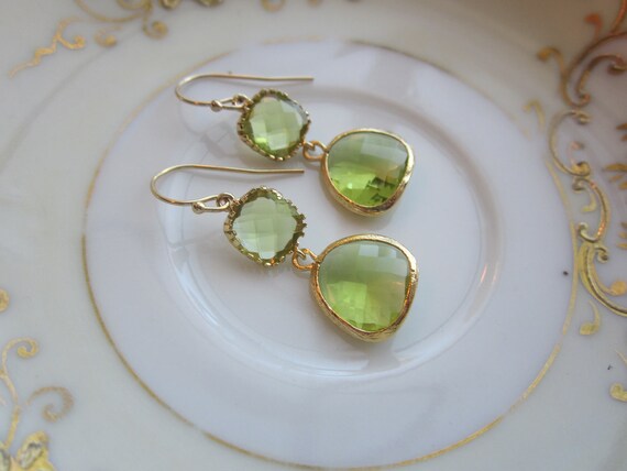 Peridot Earrings Green Apple Two Tier Gold Plated - Bridesmaid Earrings Wedding Earrings Christmas Gift