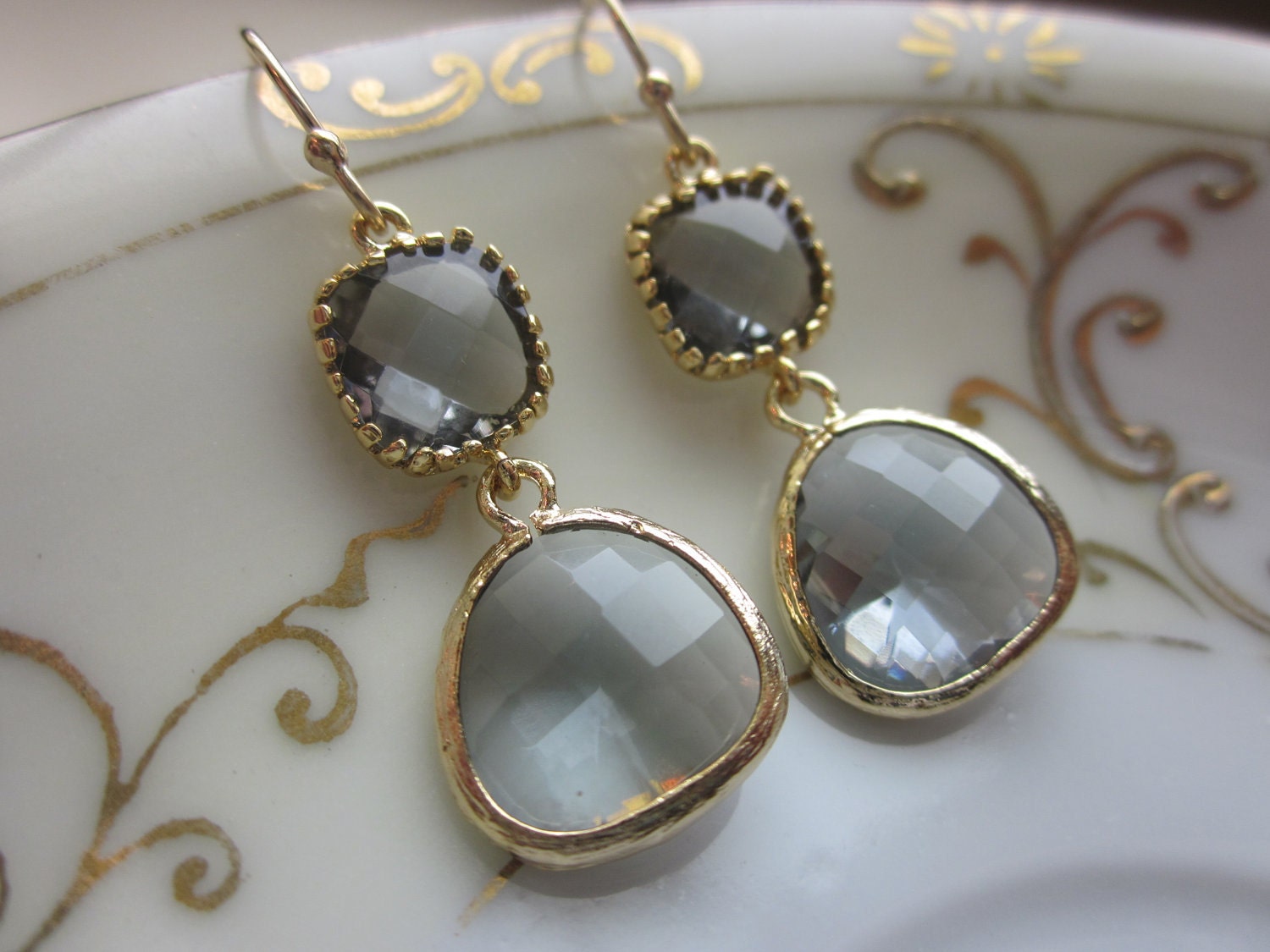 Charcoal Gray Earrings Gold Plated Two Tier - Bridesmaid Earrings - Wedding Earrings - Christmas Gift