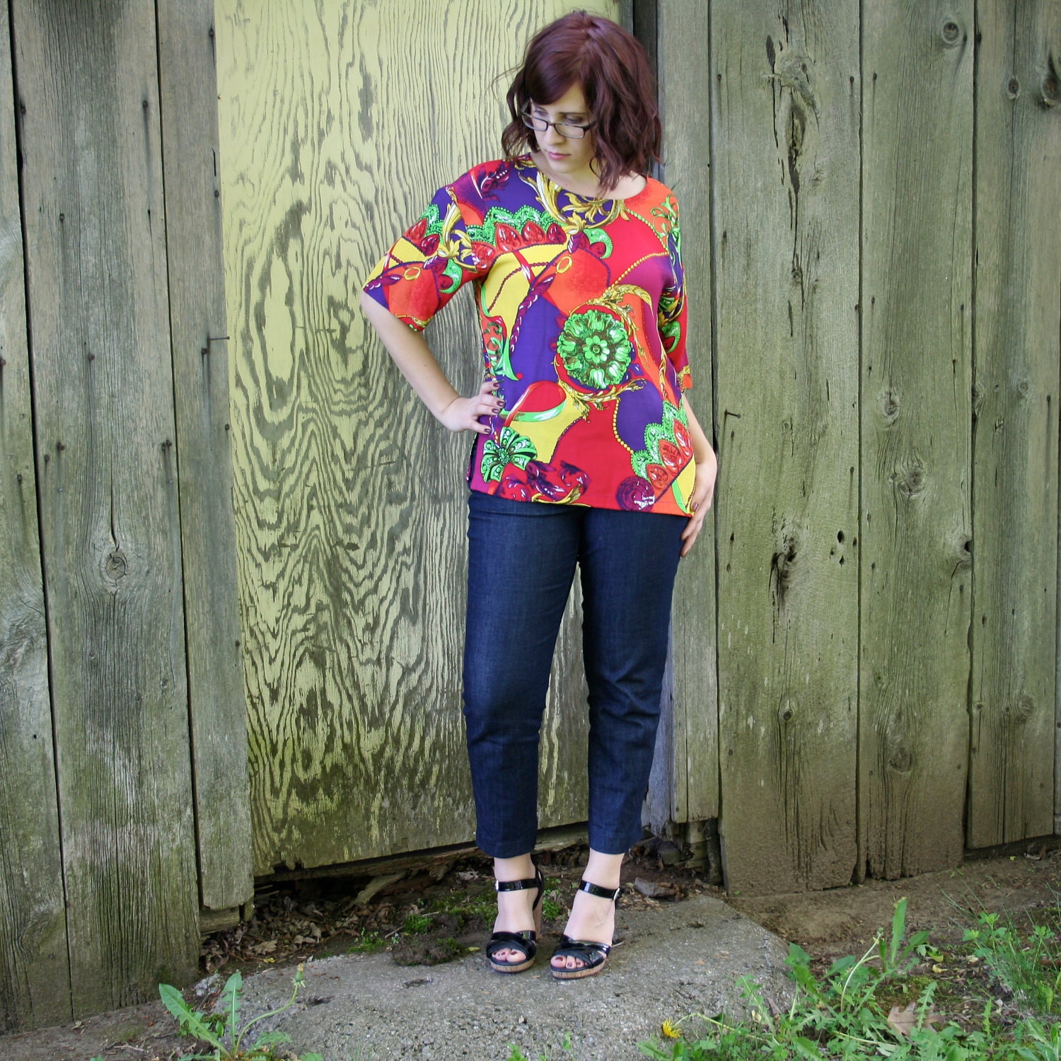 Vintage Women's 1990s Shirt Bright Color Bold Patterned Retro Short Sleeve Blouse