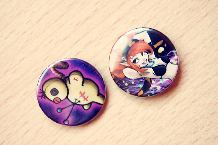 FREE SHIPPING Voodoo Halloween Buttons pins. Set of 2.
