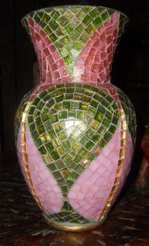 Byzantine glass mosaic vase, pink , green and 24k gold venetian glass, romantic lighting tea light holder