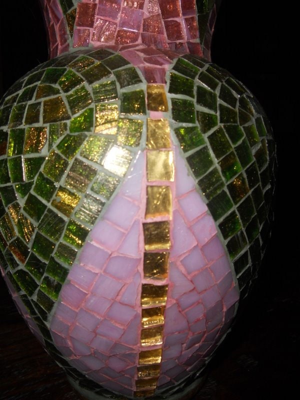 Byzantine glass mosaic vase, pink , green and 24k gold venetian glass, romantic lighting tea light holder