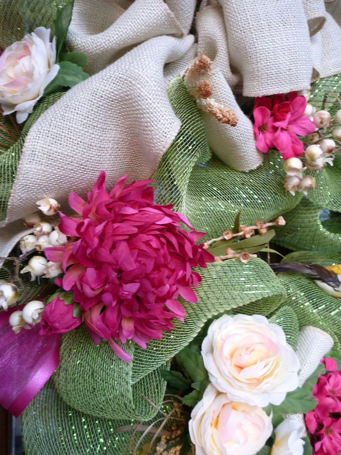Deco Mesh SPRING WREATH with Natural Burlap Bow