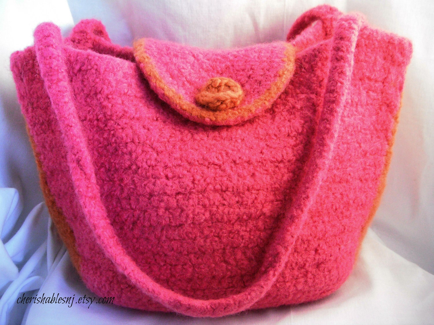 Felted Purse in Pink & Orange - Crochet Purse - Classic Shape with Two handles - OOAK - Ready to Ship
