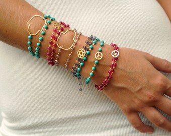 double wrap Rosary style Medallion Bracelet - Hamsa, Coin, Filigree, Peace, Star of David. 14kt gold filled
