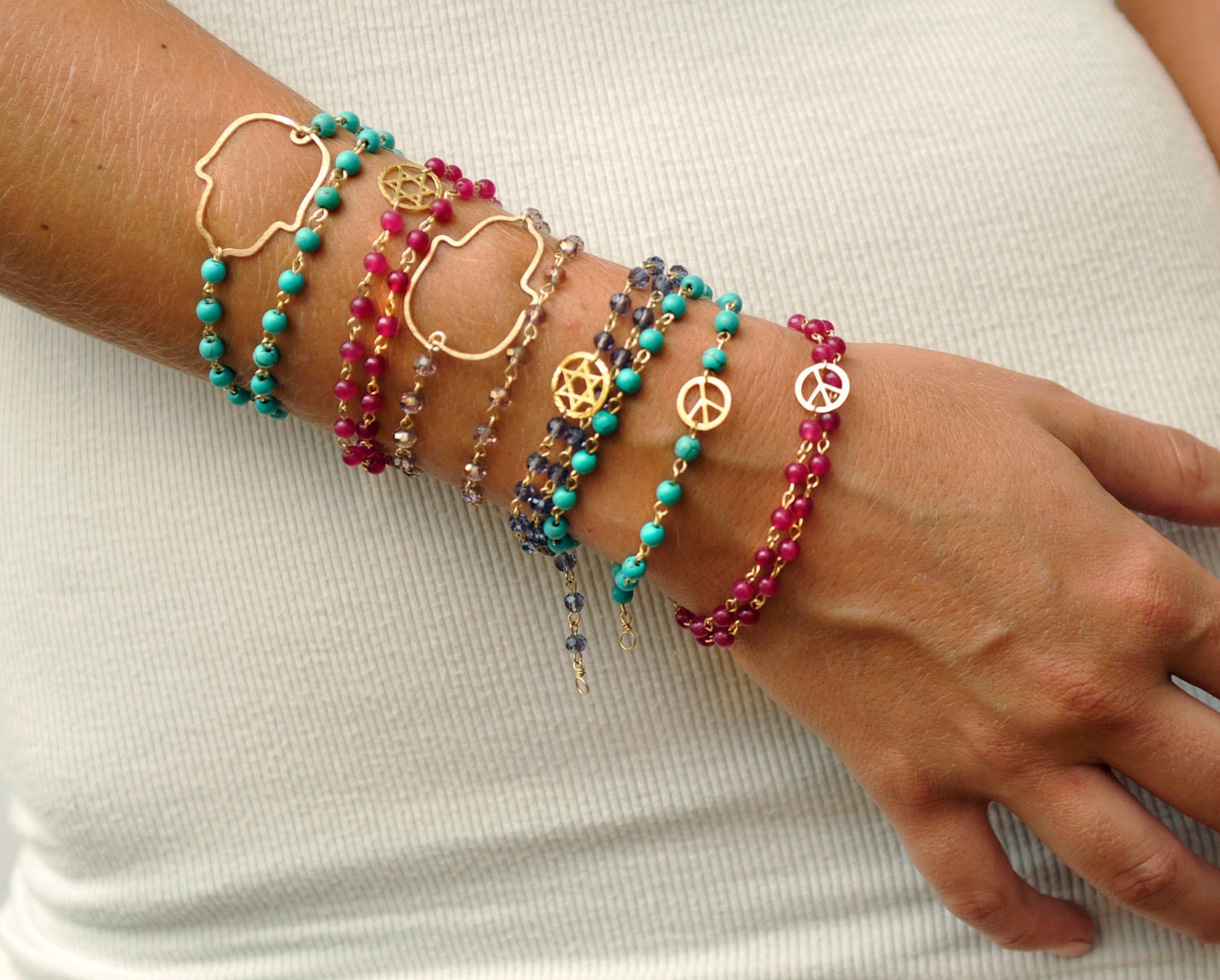 double wrap Rosary style Medallion Bracelet - Hamsa, Coin, Filigree, Peace, Star of David. 14kt gold filled
