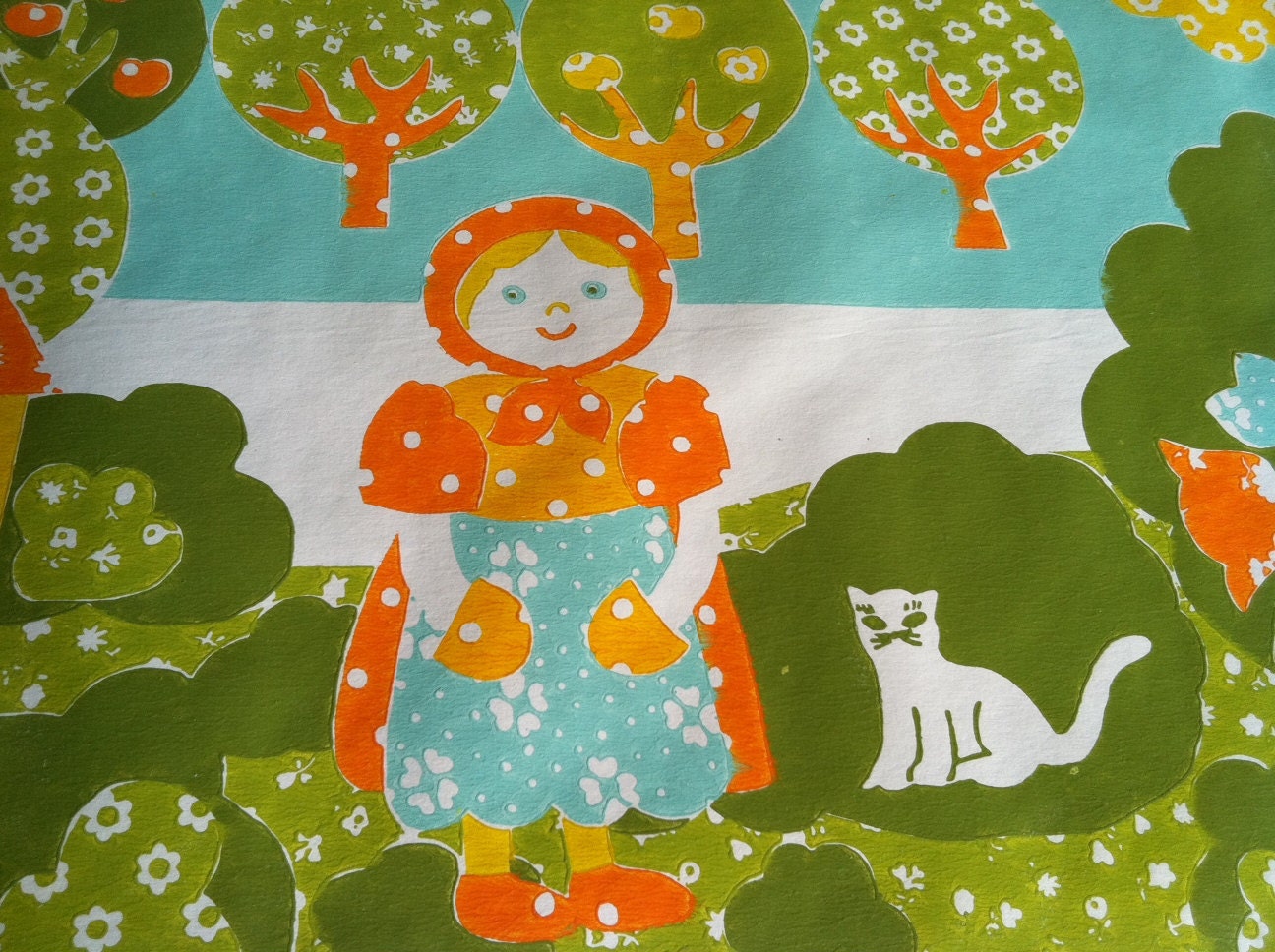 Vintage 1960s Wallpaper- Cute Danish Girl and Kitty in the Country