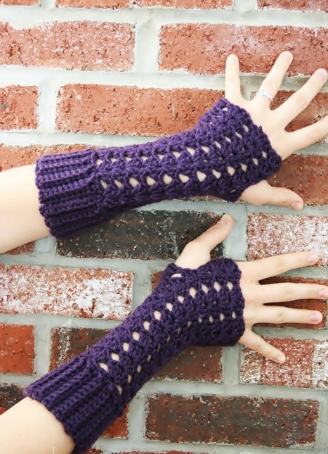 Crochet Deep Plum Purple long lacy fingerless gloves  Romantic Feminine Elegant Beautiful (MADE TO ORDER)