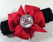 Handmade USC University of South Carolina Gamecocks Bow with Future Gamecock Bottlecap Center and Black Crochet Headband