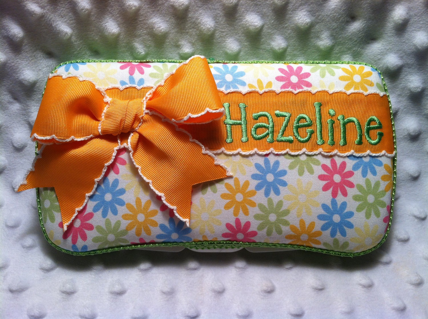 Custom Bright Daisies with a Bow and Name Embroidered Boutique Diaper Baby Wipes Case - Pink, Blue, Yellow, Green, Orange