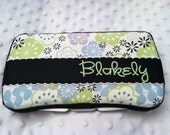 Custom Personalized Lavender, Lime & Aqua Flowers w Name Embroidered Off Center Boutique Diaper Baby Wipes Case