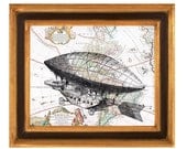 Old Dirigible Balloon Ship on antique  map of  America Wall Art Print, 10x8 Matte Print, vintage map illustration