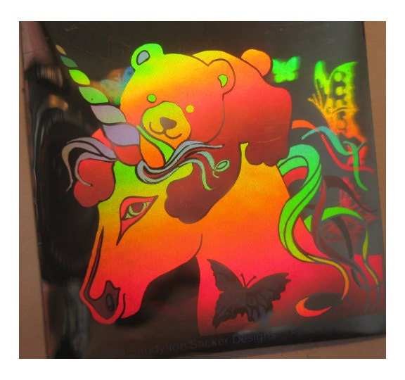 Very Rare Vintage Hologram Sandylion Unicorn and Bear with Butterflies Sticker 80s Retro Holographic