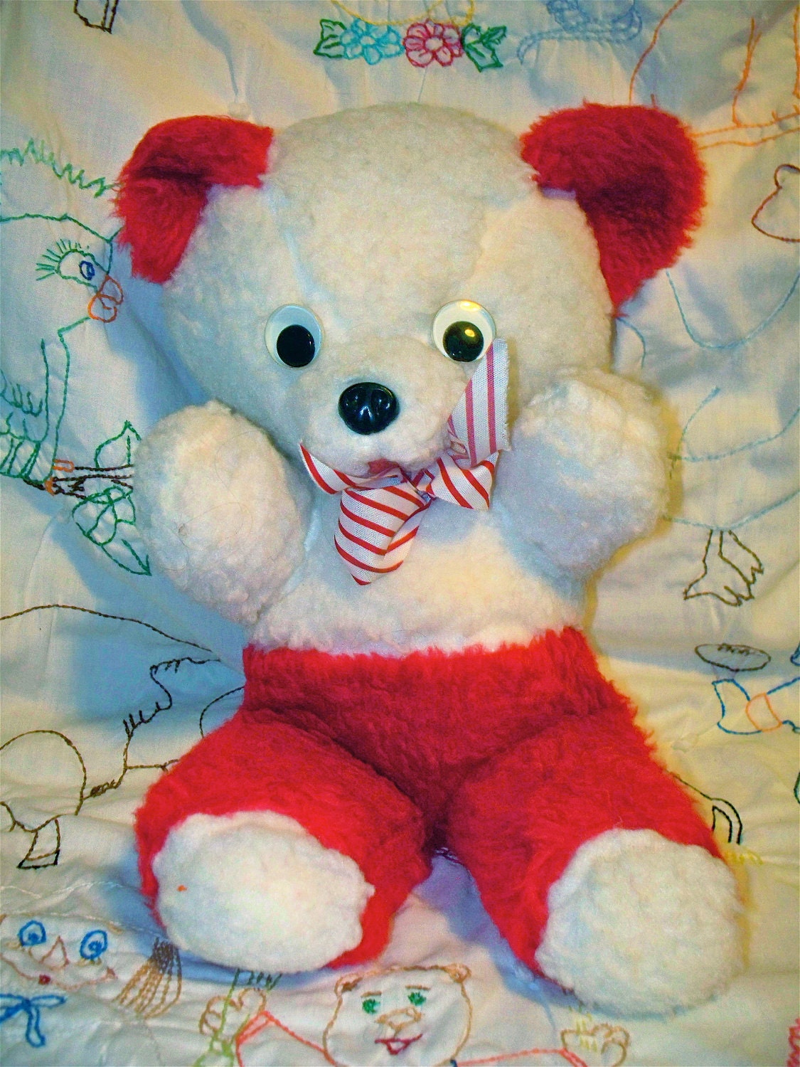 Vintage Kitsch Candy Cane Googly Eyed Teddy Bear