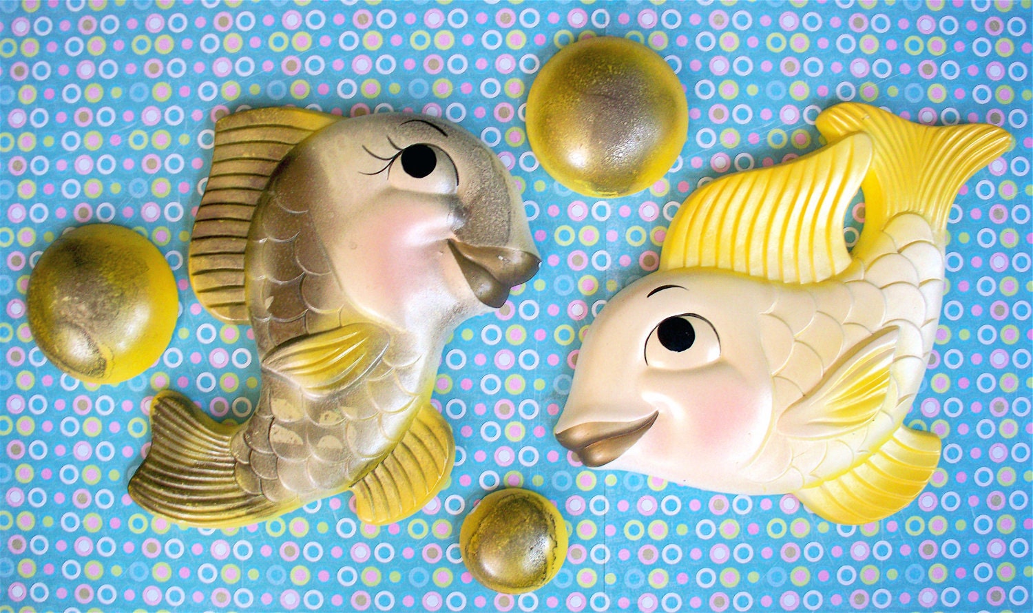 Vintage Kitsch Yellow Fish Duo with Bubbles wall plaque set 1964 Miller Studio Inc.