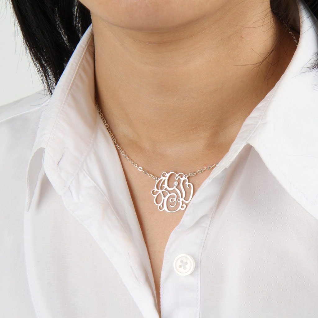 Diamond Monogram Necklace-1inch monogram personalized- sterling silver