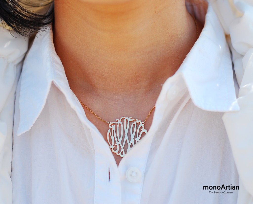 Gold Monogram Necklace- 1" initial necklace- Gold pendant Hand sketch&Hand Craft