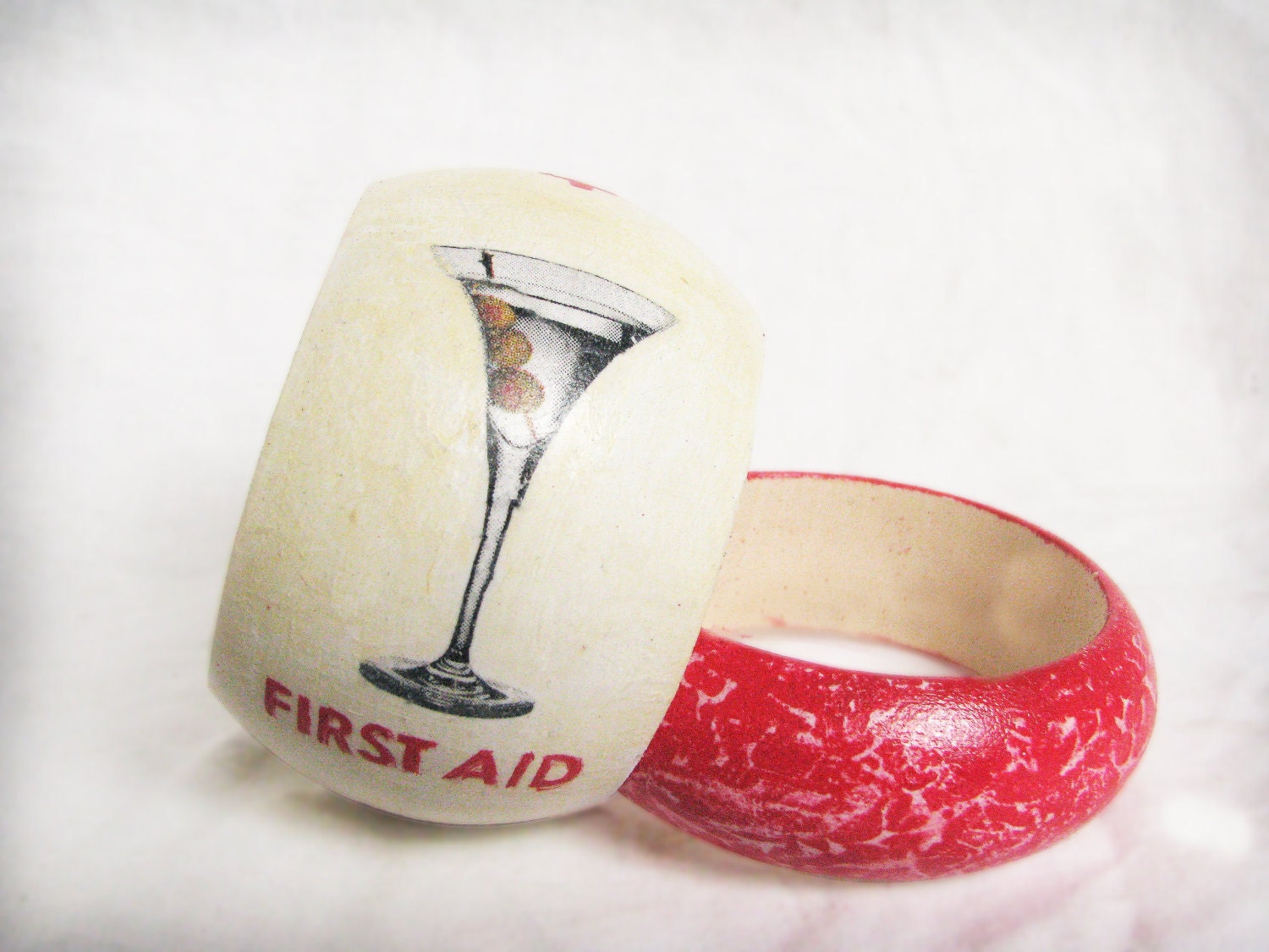 Pair of women bangles or bracelets with Martini and First Aid summer fashion, Poppy red and linen
