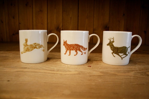 Set of 3 mugs with english countryside animal designs - Hare, Fox and Stag