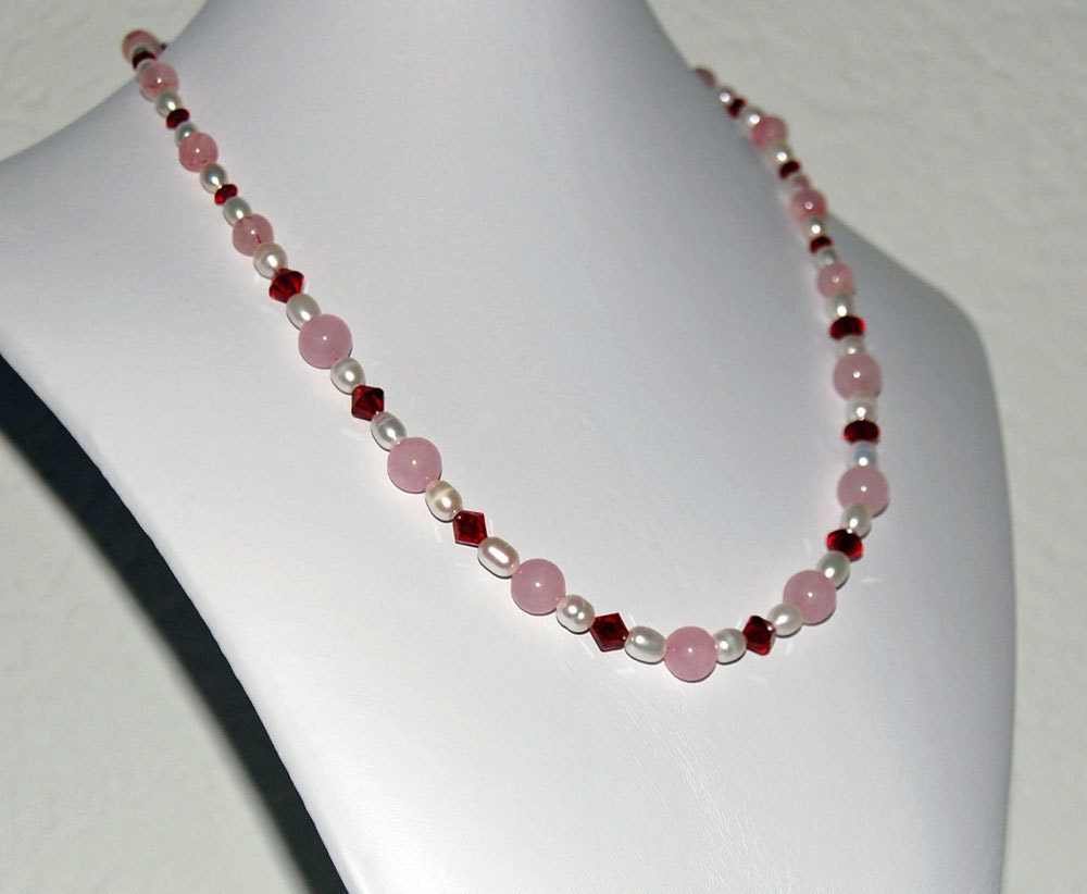 Handmade Rose Quartz, Pearl and Swarovski Crystal Necklace