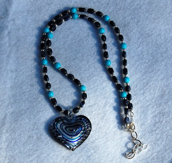 Turquoise and Dumortierite Handmade Necklace with Cobalt and Silver Glass Heart