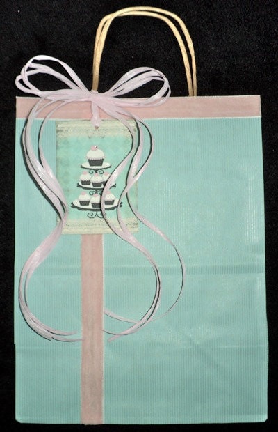 Handmade Aqua Gift Bag with Beautiful Cupcake Tower and Soft Pink Velvet Ribbon