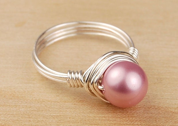 Wire Wrapped Ring- Sterling Silver Filled Wire with Rose Pink Swarovski Pearl - Any Size- Size 4, 5, 6, 7, 8, 9, 10, 11, 12, 13, 14