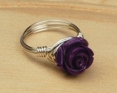 Sterling Silver Filled Ring - Wire Wrapped with Dark Purple Carved Gemstone Rose - Any Size- Size 4, 5, 6, 7, 8, 9, 10, 11, 12, 13, 14