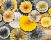 Magazine Feature - Ka-Lollie Paper Rosette Backdrop for Dessert Table / Shower/ Nursery in Yellow, Peach & Gray Vintage Wedding